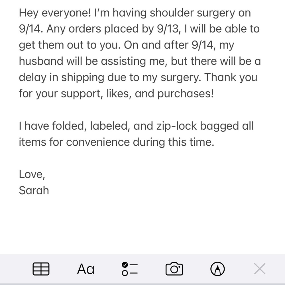 Shipping delays expected after 9/14 due to surgery.